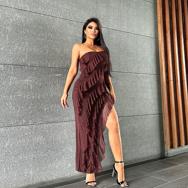 

2024 Women's Fringe Dress Summer New Fashion Strapless Sexy Backless Slit Fringe Temperament Dress Birthday Dress for Women Y2k