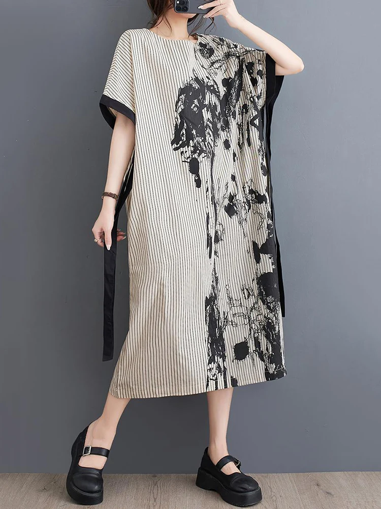 

Женское винтажное платье в полоску, свободное Повседневное платье миди с коротким рукавом, элегантная одежда большого размера на лето, 2023