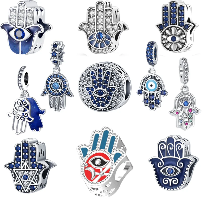 

2023 New 925 Sterling Silver Blue Zircon Palm Demon Evil Eye Pendant Fine Beads Fit Original Pandora Charms Bracelet DIY Jewelry