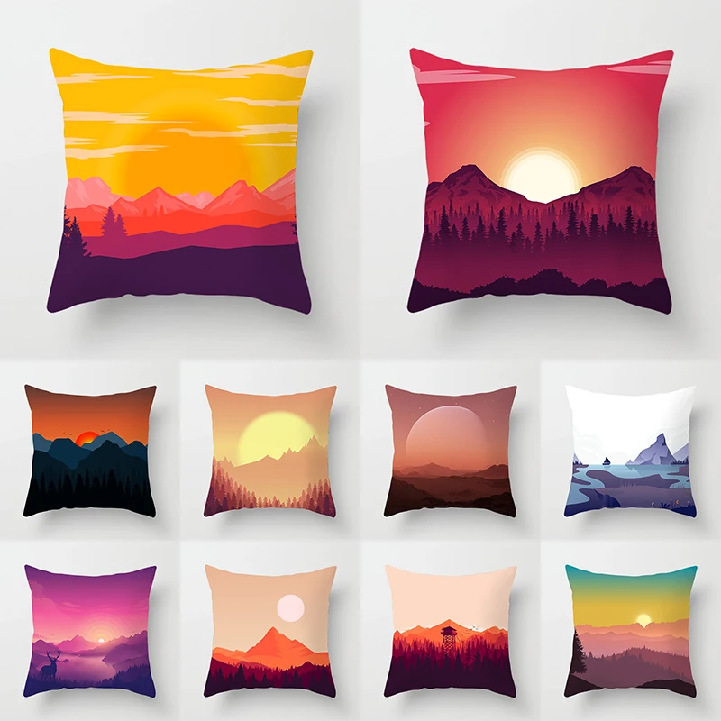 

Cartoon Illustration Sunset Landscape Printed Pillowcase Living Room Sofa Bedroom Home Decoration Cushion Cover