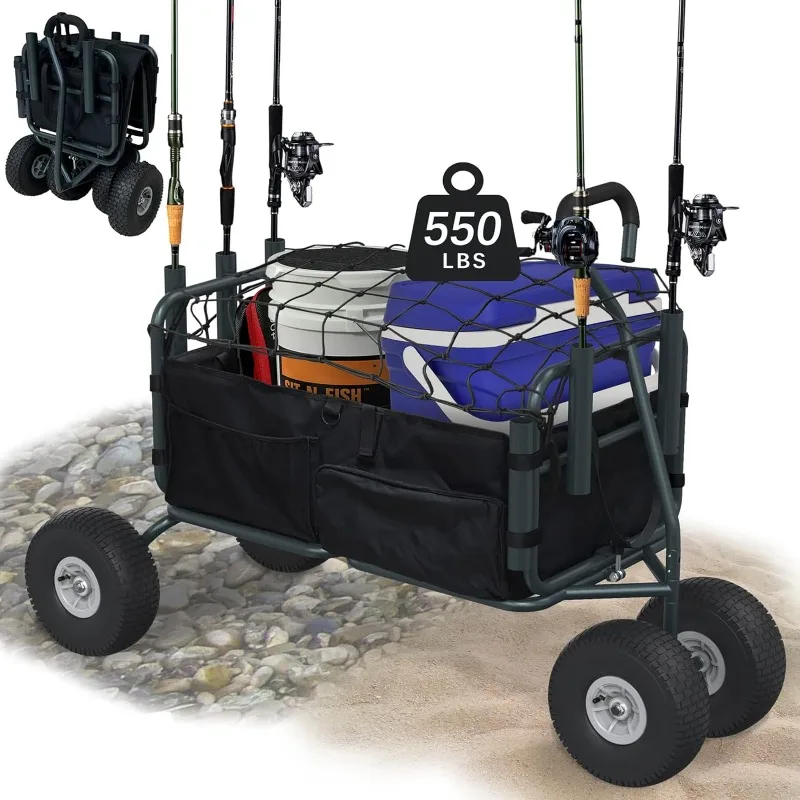

GDLF Fishing Cart Beach Carts Heavy Duty Foldable Collapsible Wagon with Big Wheels and Rod Holders 550 Pound Capacity