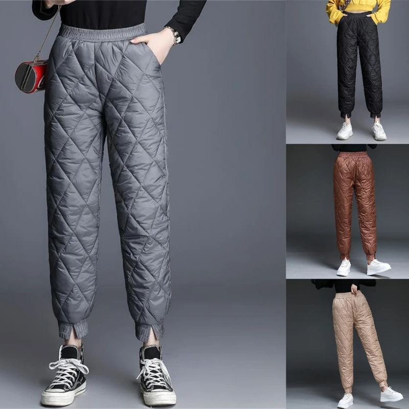 

Womens Closed Bottom Quilted Snow Puffer Pants Winter Padded Thicken Warm Trousers Sweatpants with Pockets for Ski Camp Dropship