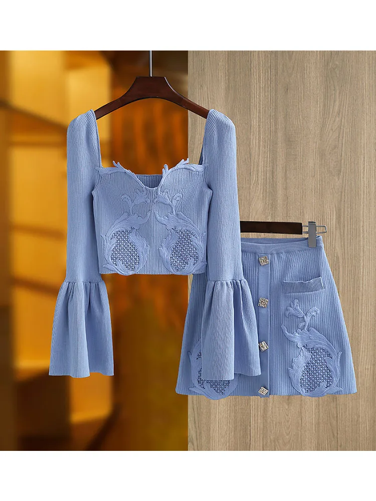 HIGH STREET 2024 Fashion Designer Suit Set Women Flare Sleeve Lace Hollow Out Knit Top High Waist Skirt Set
HIGH STREET 2024 Fashion Designer Suit Set Women Flare Sleeve Lace Hollow Out Knit Top High Waist Skirt Set