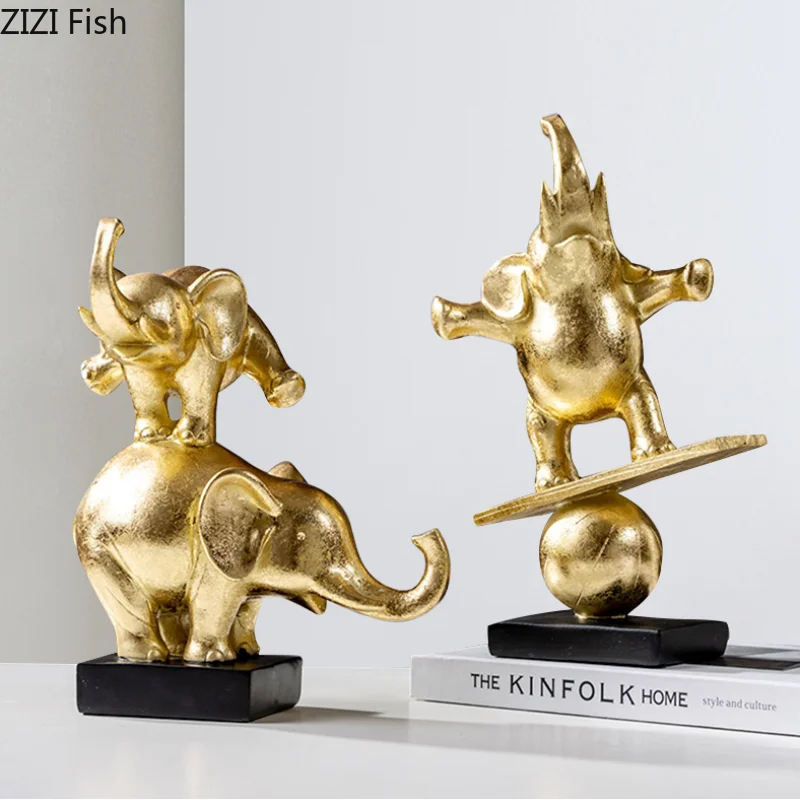 

Gold Elephant Ornaments Resin Animal Sculptures Statue Miniatures Living Room Home Decor Accessories Decoration Crafts Gift
