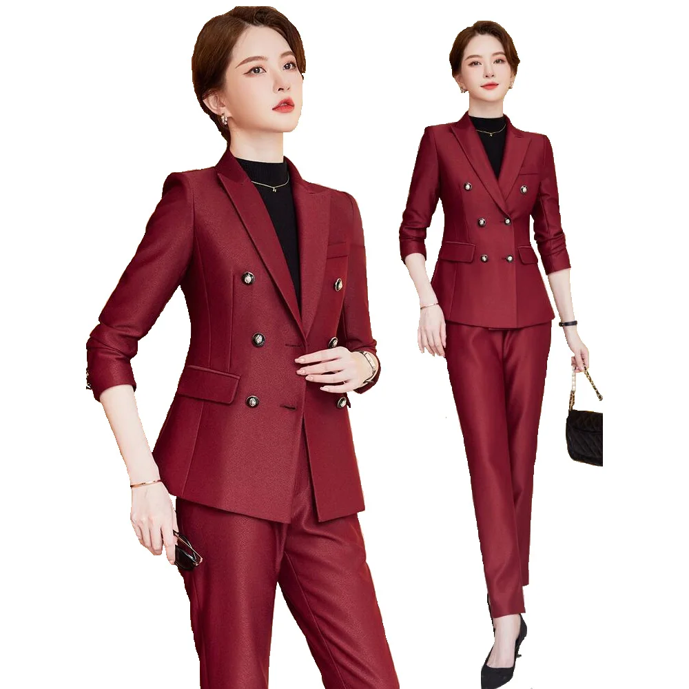 

Fashion Pant Suit Women Business Work Wear Double Breasted Blazer And Trouser Black Red Green Formal 2 Piece Set With Pocket