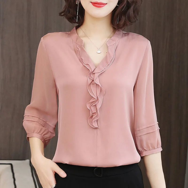 Women Chiffon Shirt Spring Summer Ruffles V-neck Solid Color Shirts Female Korean Style Casual Clothing Elegant Blouse Tops
Women Chiffon Shirt Spring Summer Ruffles V-neck Solid Color Shirts Female Korean Style Casual Clothing Elegant Blouse Tops