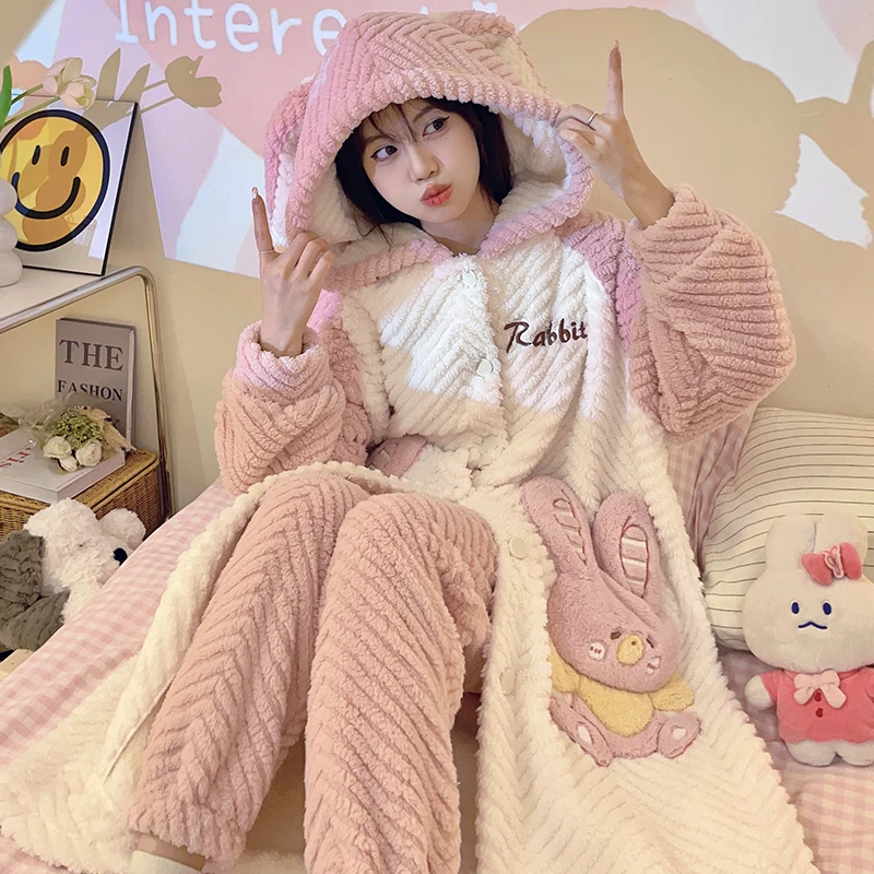 Winter Night-robe Women Sleepwear Thicken Coral Fleece Night Dress Robes Plush Soft Warm Hooded Kawaii Rabbit Pijama robes
Winter Night-robe Women Sleepwear Thicken Coral Fleece Night Dress Robes Plush Soft Warm Hooded Kawaii Rabbit Pijama robes