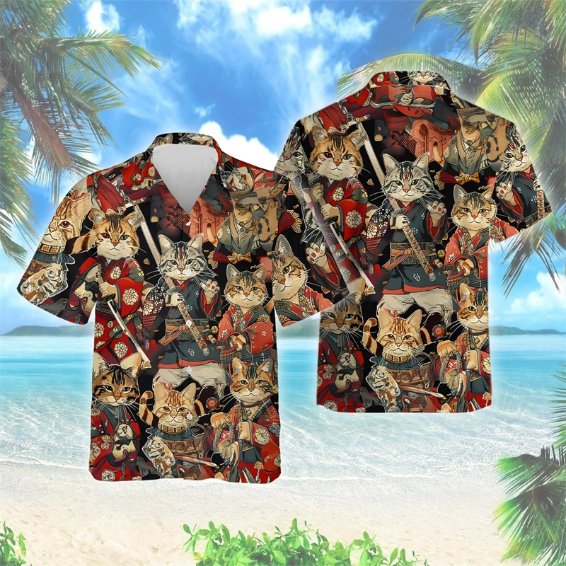 

Harajuku Samurai 3D Print Short Sleeve Shirts For Men Clothes Hawaiian Vacation Button Clothing Warrior Hip Hop Knight Women Top