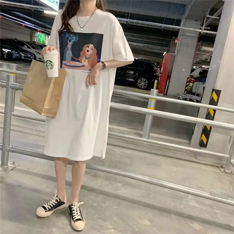 

Women Long Maxi Dress Tunics Summer Short Sleeve Printed Korean Fashion Long Tops Female Casual Loose Over Knee Basic Tshirts