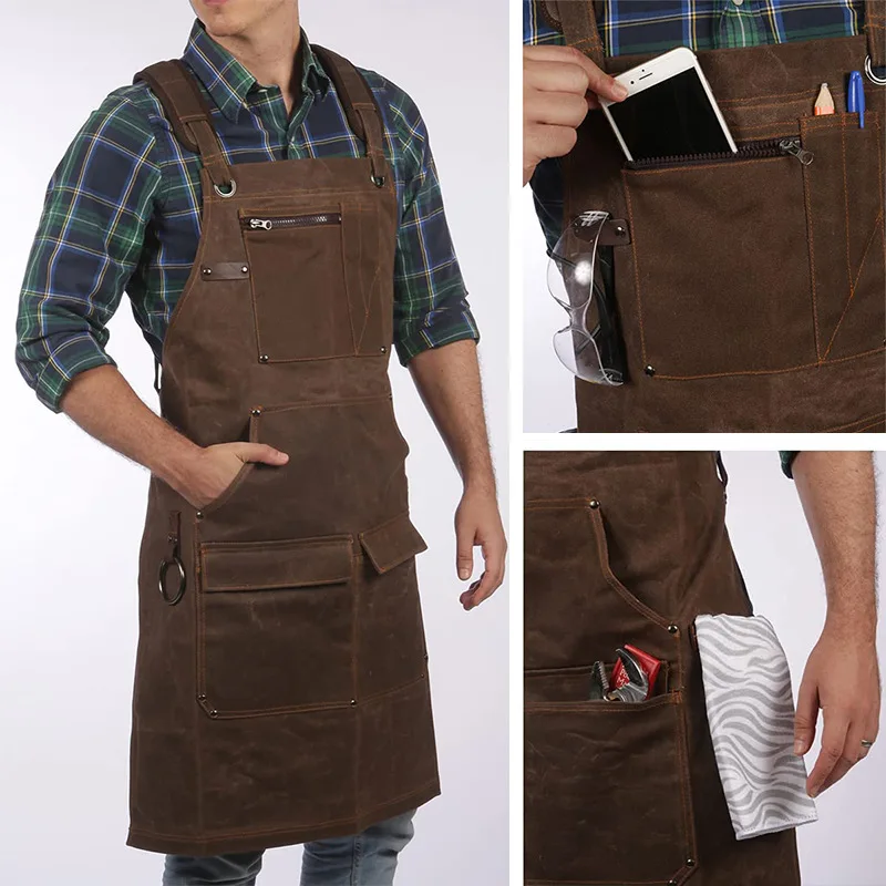 

Super Thick Waxed Coating Waterproof Canvas Auto Mechanic Lumberjack Multifunctional Pocket Woodworking Large Size Apron For Man