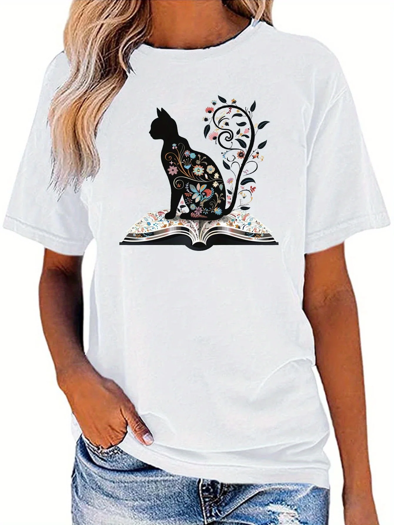 Cat & Book Print Crew Neck T-shirt, Casual Short Sleeve Top For Spring & Summer, Women's Clothing
Cat & Book Print Crew Neck T-shirt, Casual Short Sleeve Top For Spring & Summer, Women's Clothing
