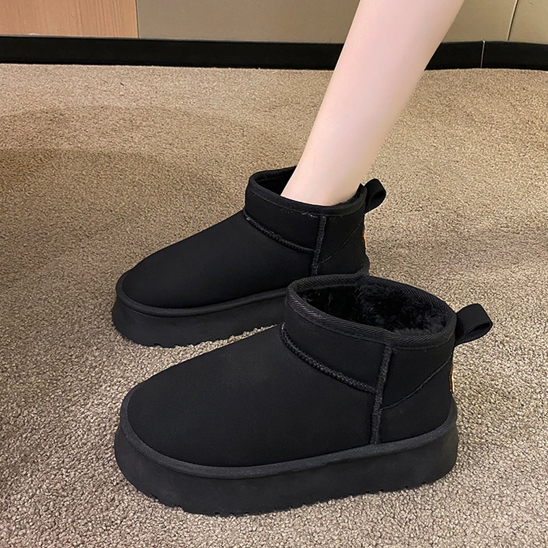 

Женские плюшевые ботинки, зимняя обувь на плоской подошве, обувь для сабо, платформа, круглый носок, кожа, мех, резина, 2023