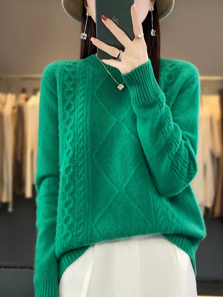 

Addonee High Quality Women Autumn Winter Pullover Sweater 100% Merino Wool O-Neck Twist Flower Soft Cashmere Knitwear Korean Top