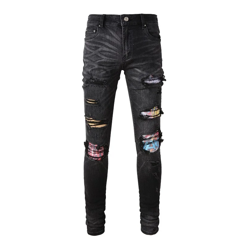 

Men's Black Streetwear High Stretch Distressed Colorful Patches Patchwork Holes Moustache Slim Fit Ripped Jeans Men