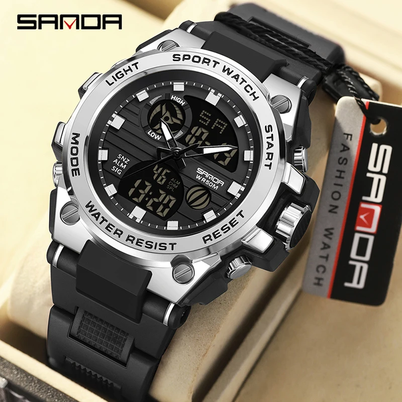 

SANDA Trendy Men Multifunctional Dual Display Watch HD LED Digital 50M Waterproof Military Watches Alarm Clock Timing Reloj 9011