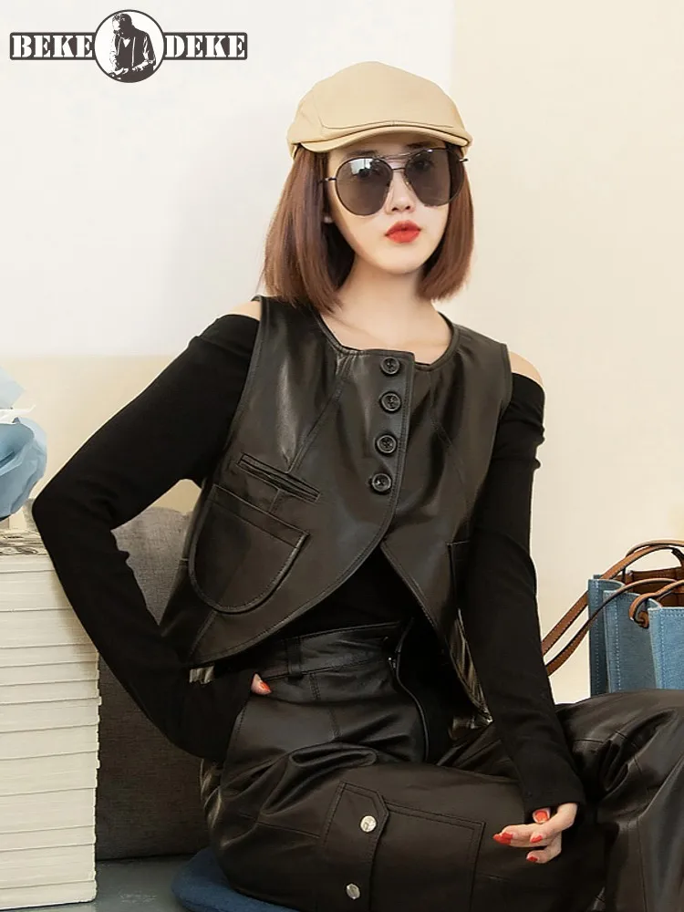 Designer Women Irregular Single Breasted O Neck Vest Slim Fit Sleeveless Sheepskin Genuine Leather Waistcoat Harajuku Spring Top
Designer Women Irregular Single Breasted O Neck Vest Slim Fit Sleeveless Sheepskin Genuine Leather Waistcoat Harajuku Spring Top