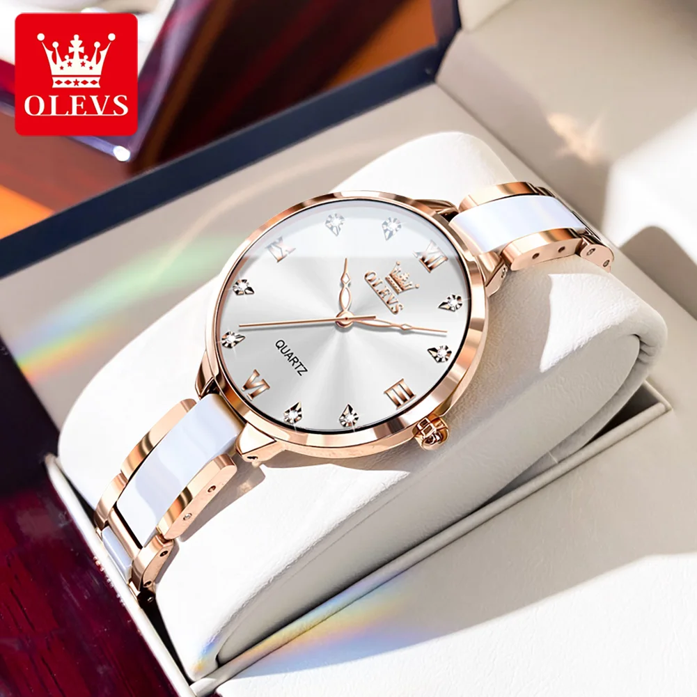 

OLEVS Quartz Watch for Women Waterproof Ceramic Strap Diamond Inlay Fashion Elegant Ladies Wristwatches Gift Box Set Reloj Mujer