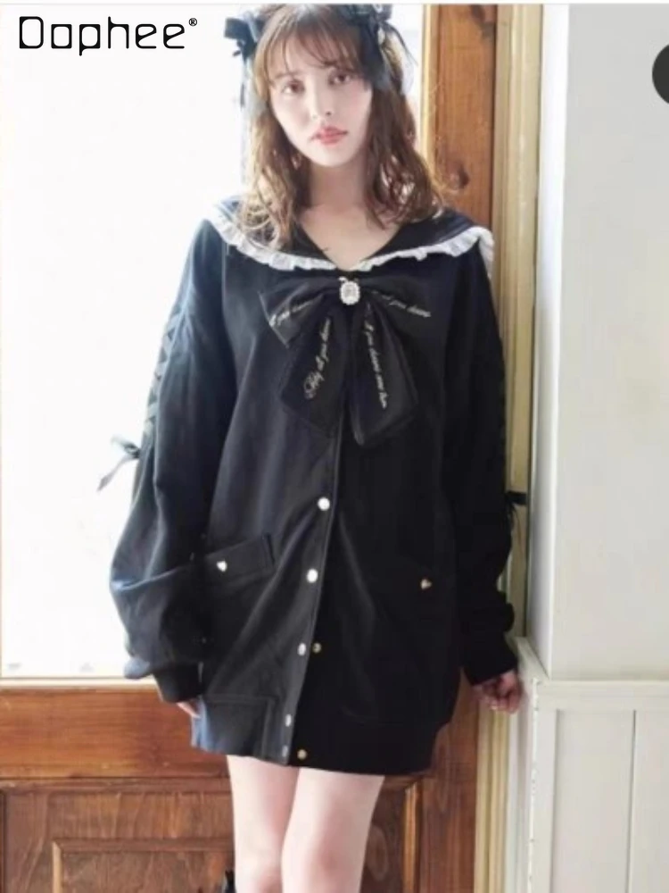 

Japanese Cute Girl Kawaii Embroidery Bow Mass-Produced Hoodies Women Sweet Sailor Collar Black Non-Fading Long Sweatshirts Coat