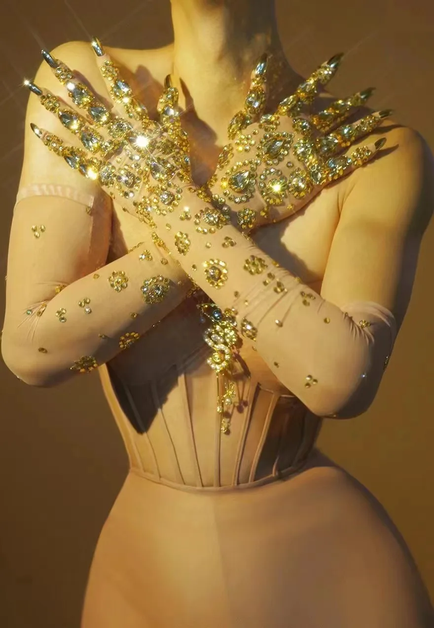 

Sexy Stretch Rhinestone Gloves Women Sparkling Crystal Mesh Perspective Long Gloves Nightclub Dancer Singer Stage Accessories
