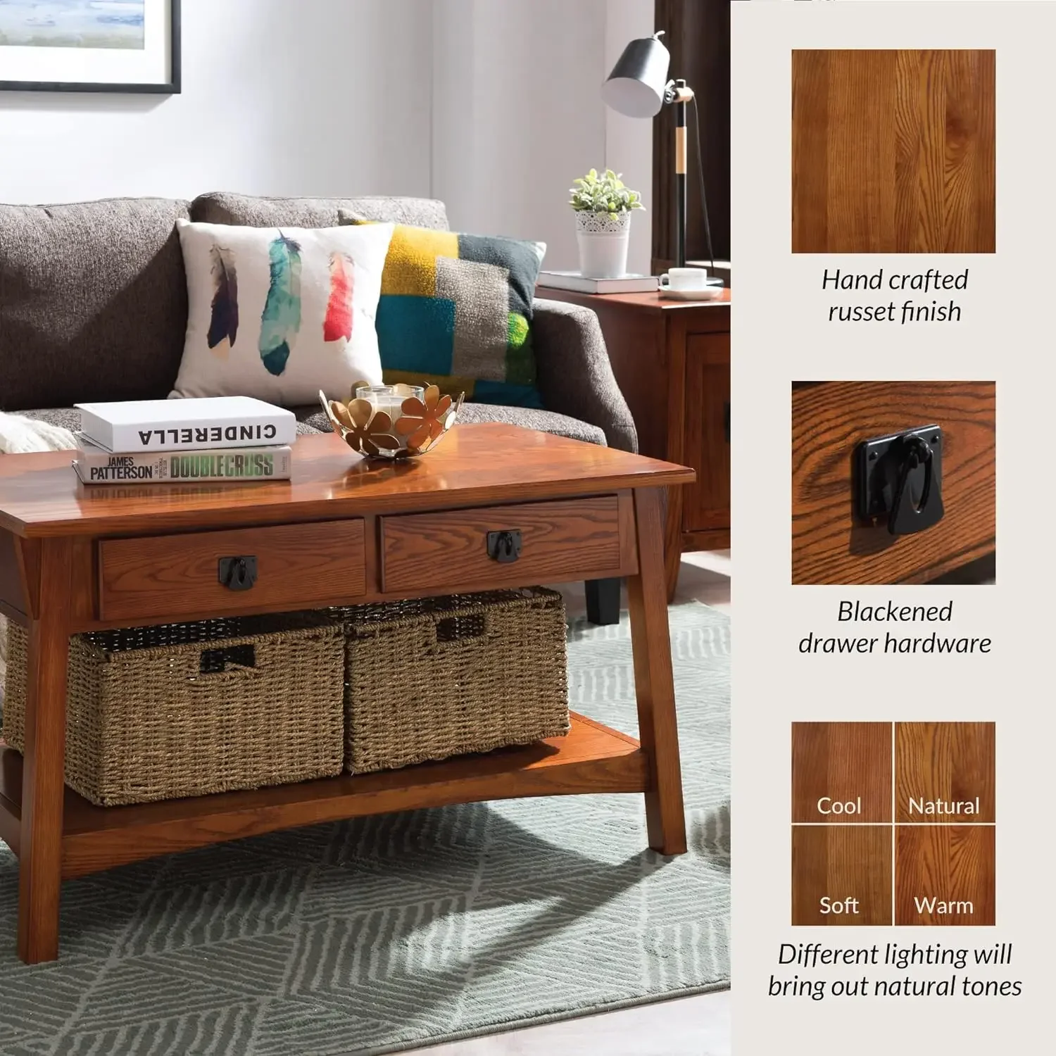 

Mission Coffee Table for Living Room, Two Drawers and Shelf, Made with Solid Wood, Russet Finish
