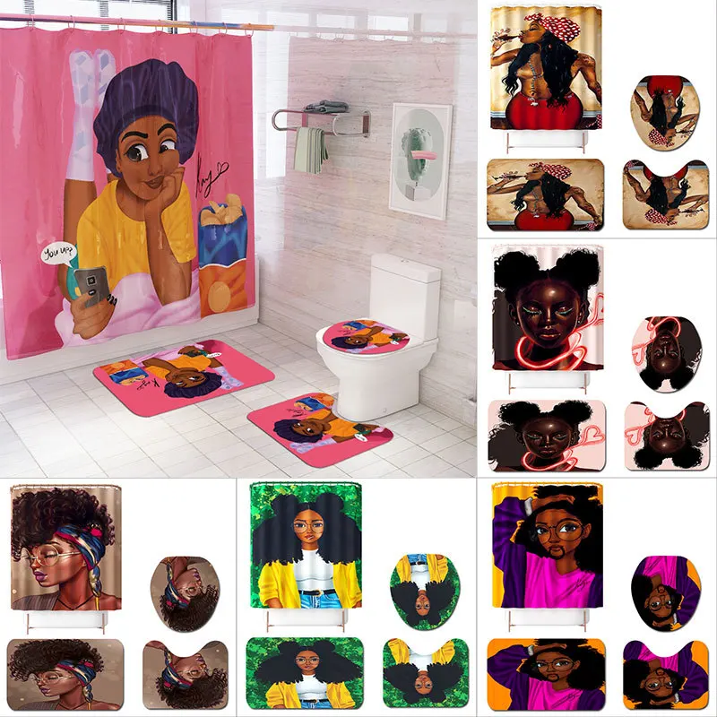 

3D African Women Shower Curtain Set Afro Africa Girl Bathroom Decor with Non-slip Rug Toilet Lid Cover Bath Mat Toliet Partition