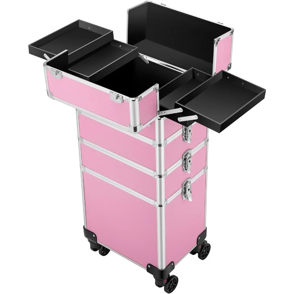 

Makeup Rolling Train Case, Aluminum Trolley, Professional Cosmetic Organizer Box with Shoulder Straps,2 Keys,Pink Storage,4 in 1