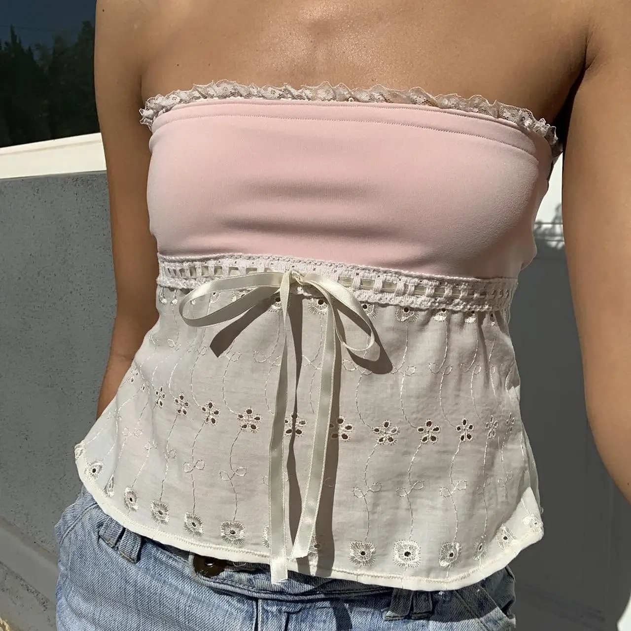 

Y2k Women Strapless Tube Tops Backless Lacing Hollowed Patchwork Vests Ladies Club Party High Streetwear Summer Camis Tank Tops