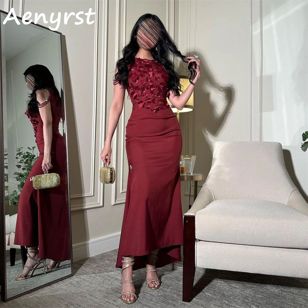 

Aenyrst Burgundy Appliques Mermaid Prom Dresses Satin O-Neck Saudi Evening Gowns For Women 2024 Ankle Length Dinner Party Dress