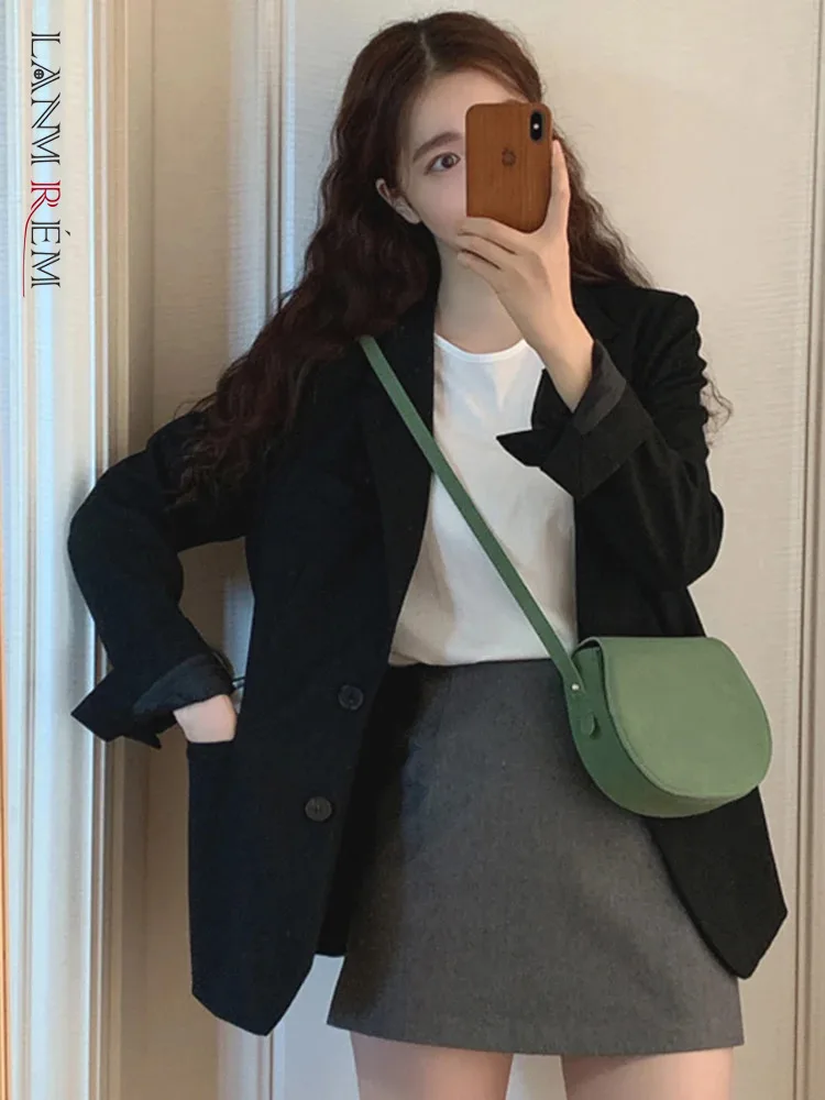 

LANMREM Women Korean Blazer Notched Long Sleeves Solid Color Single Breasted Loose Blazers Versatile 2024 New Clothing 2Z1168