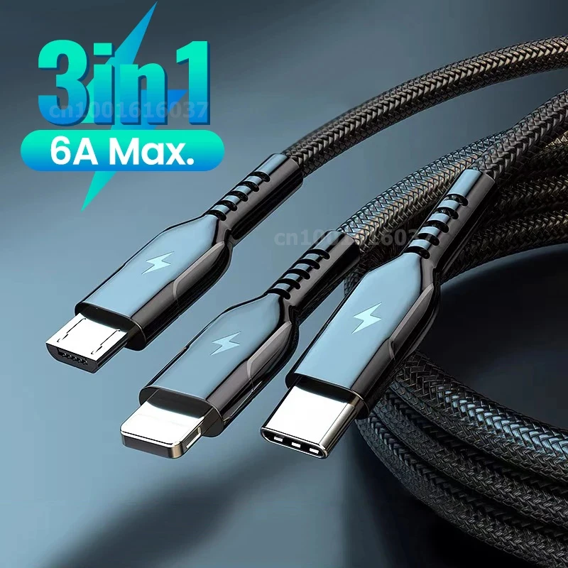 Фото Суперзарядный USB-кабель 6A 66 Вт 3 в 1 мульти-Usb-порт зарядный шнур с | Отзывы и видеообзор (1005004116463959)