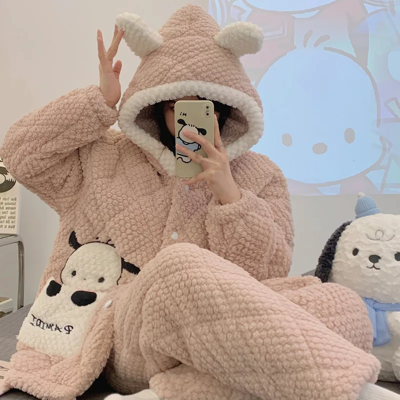 

Kawaii Sanrio Pajamas Cute Pochacco Flannel Winter Cartoon Anime Plush Thickening Outerwear Home Furnishings Girls Toys Gifts