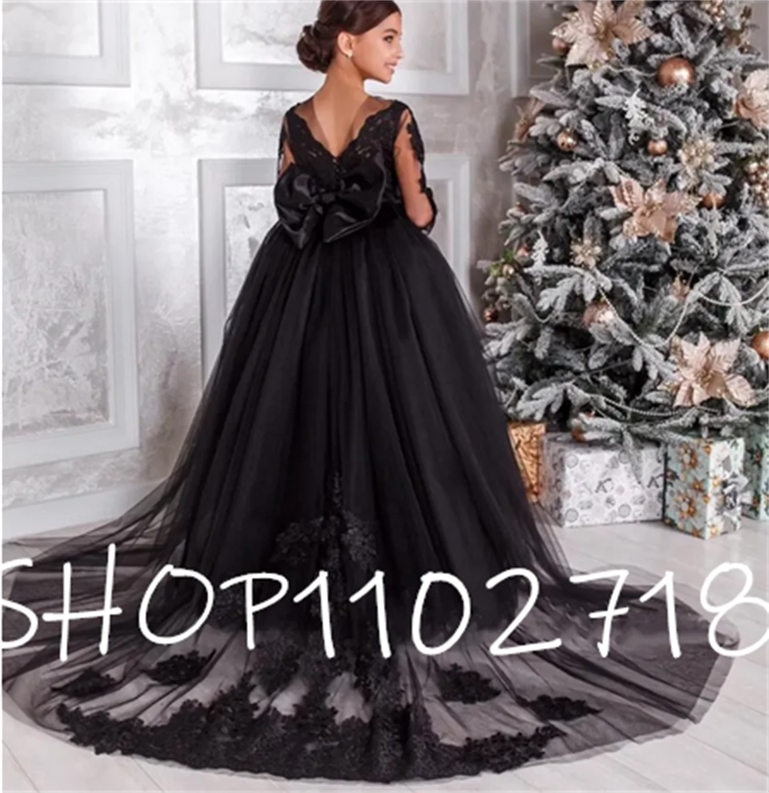 

Black Tulle Princess Flower Girl Dress Sheer Neck Applique Lace Long Sleeves Kid First Communion Dress Size 1-16Y