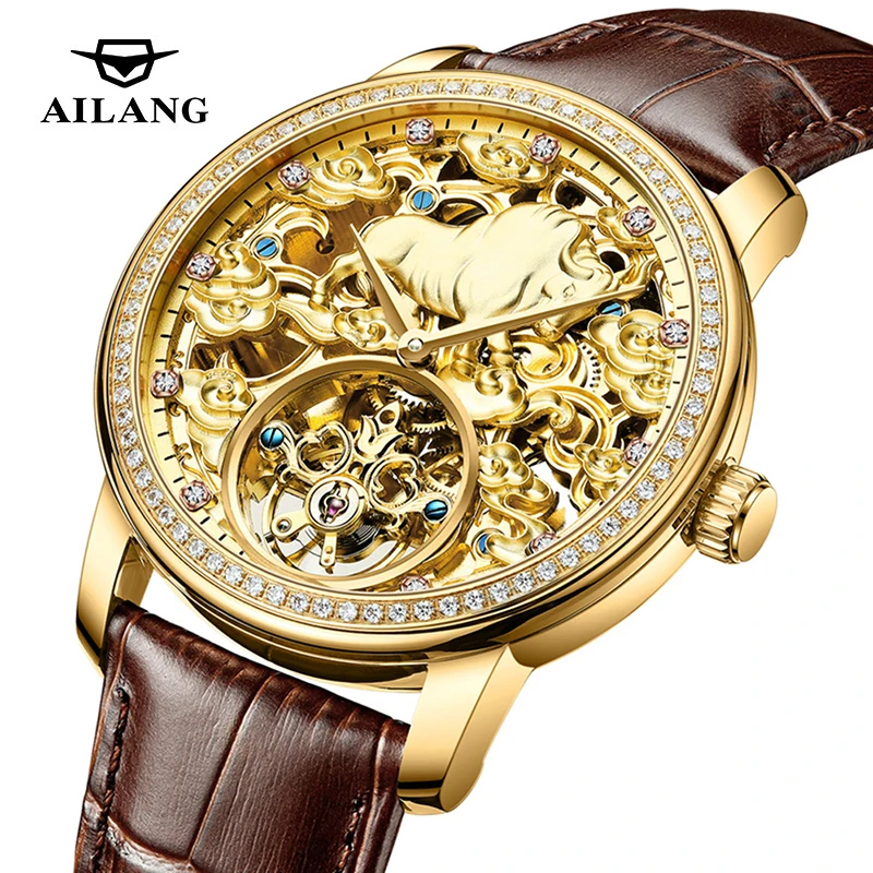 

AILANG Luxury Gold Dial Design Men Automatic Mechanical Watch Tourbillon Fashion Diamond Case Luminous Waterproof Clock Reloj