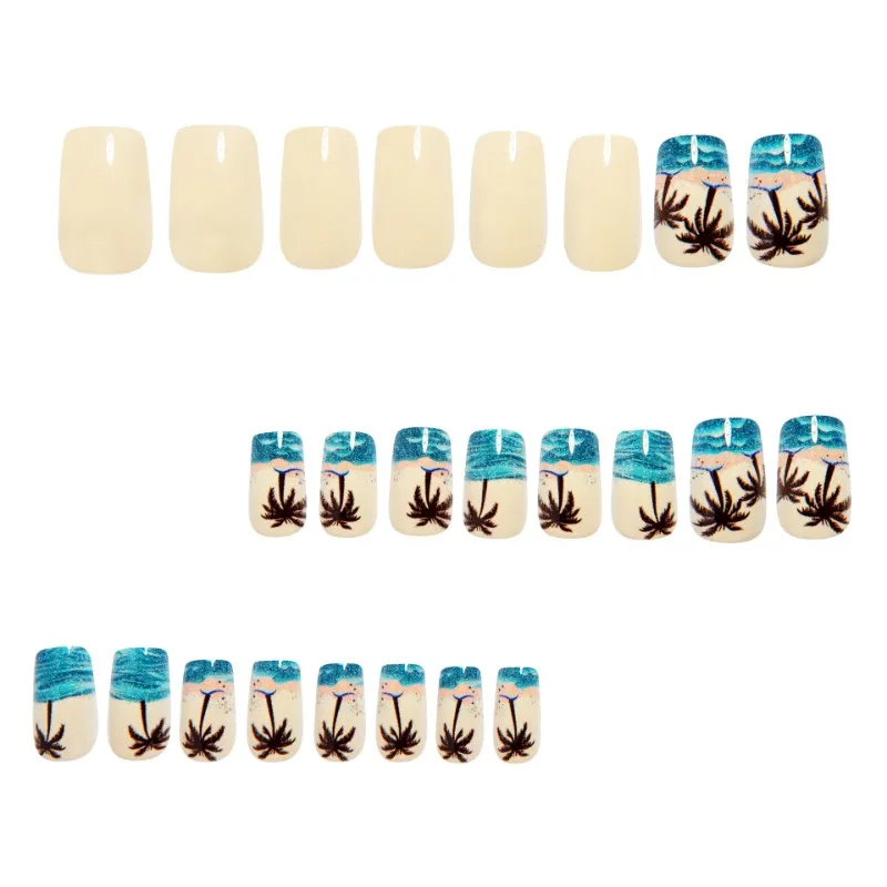 24PCS Summer Ocean Press on Nails Romantic Sunset with Coconut Tree Patterns Glitter French Fake Nails Fashionable Square Nails 16 S4b92d4cf1115443ebb6647bdfb878e19y