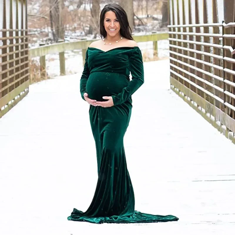 

Velvet Maternity Off Shoulder Fitted Gown Maxi Dresses for Photo Shoot Long Sleeve Pregnancy Photography Dress for Baby Shower