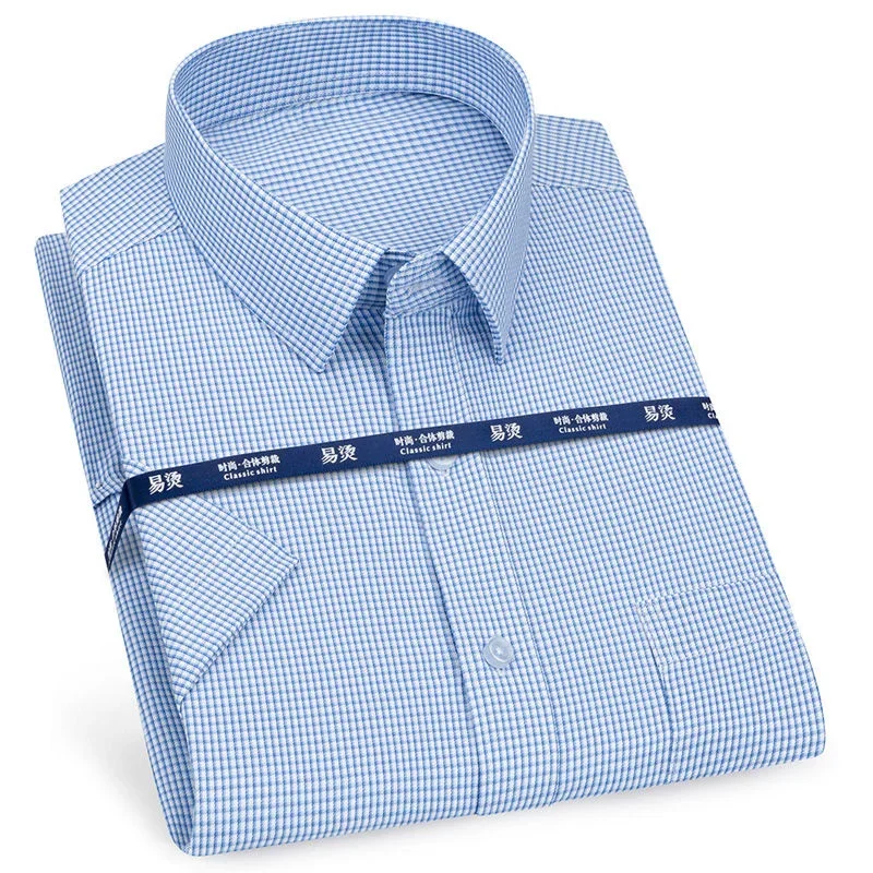 

Mens Business Casual Short Sleeved Shirt Classic Striped Checked Male Social Dress Shirts Purple Blue 5XL Plus Large Size