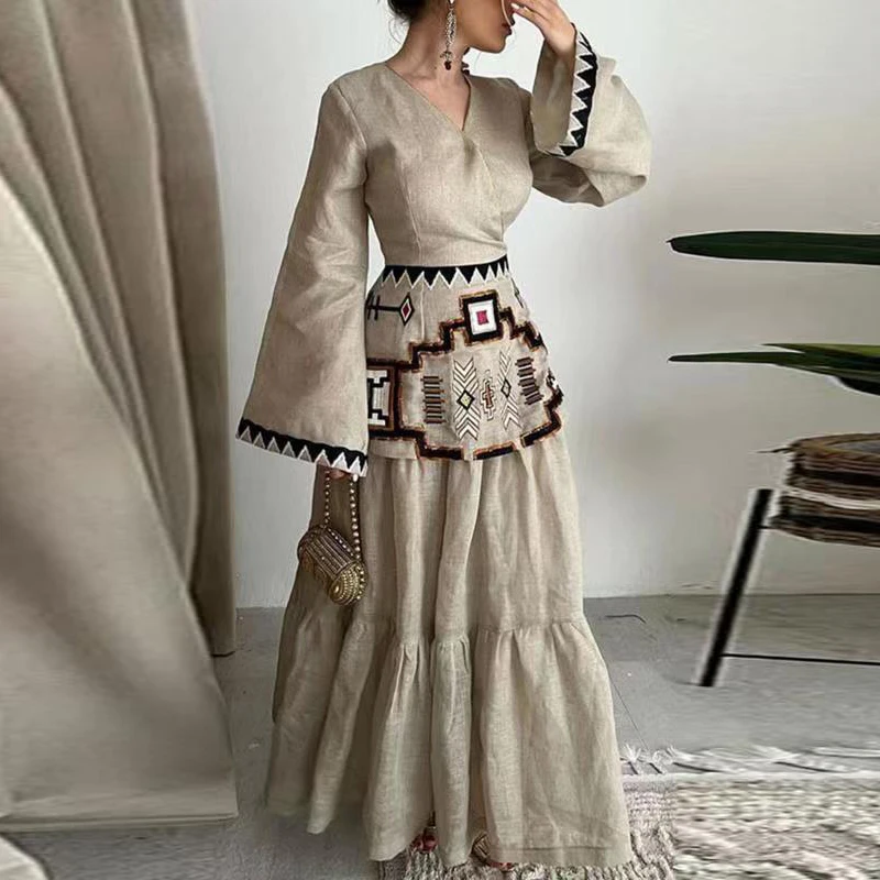 Female V Neck Pleated A-Line Long Dress Fashion Cotton Linen Ethnic Print Hem Dress Elegant Flare Sleeve High Waist Beach Dress
Female V Neck Pleated A-Line Long Dress Fashion Cotton Linen Ethnic Print Hem Dress Elegant Flare Sleeve High Waist Beach Dress