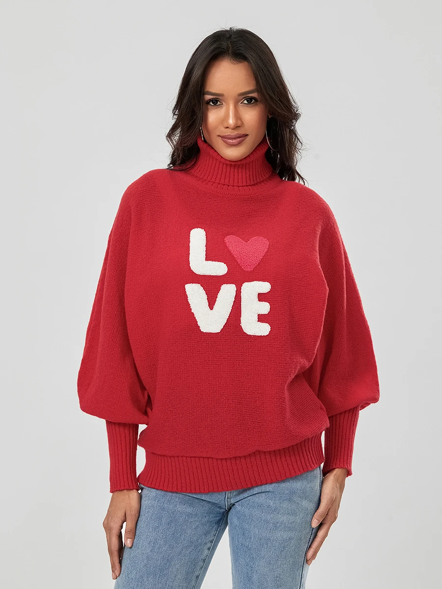 

Heart Printed Sweater for Women Long Sleeve Crewneck Pullover Oversized Knitted Sweaters Valentines Jumper Tops