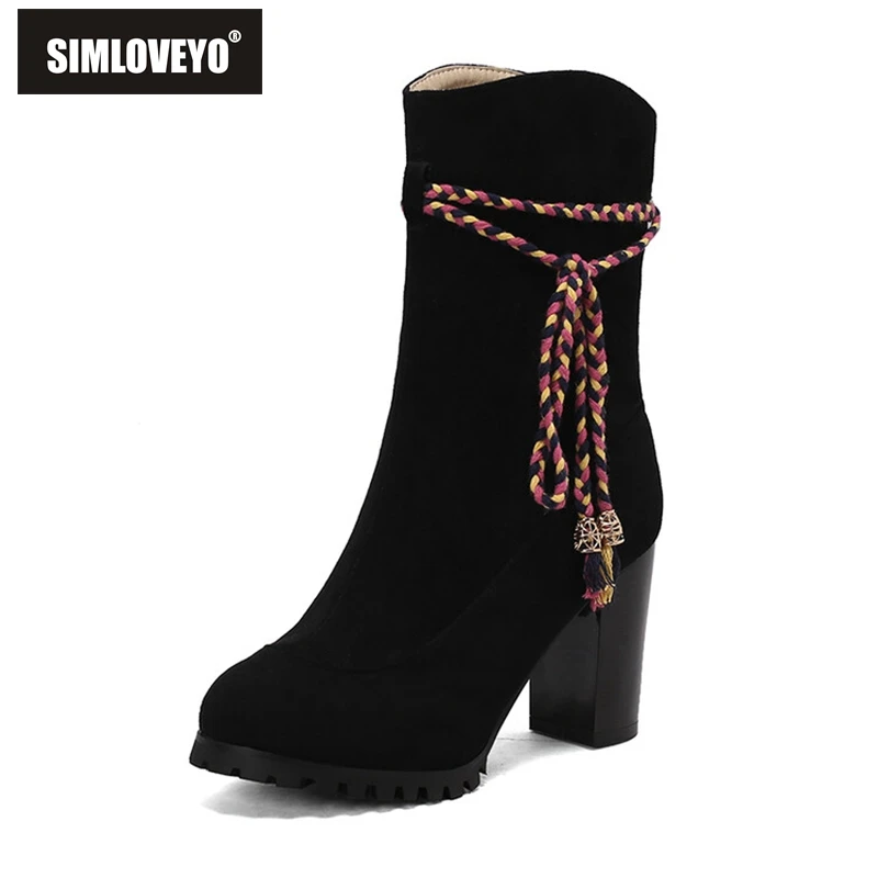 

SIMLOVEYO Big Size 50 Suede Flock Ankle High Boots 9cm Chunky Heel Round Toe Women's Retro Booties Warm Plush Black Red Apricot