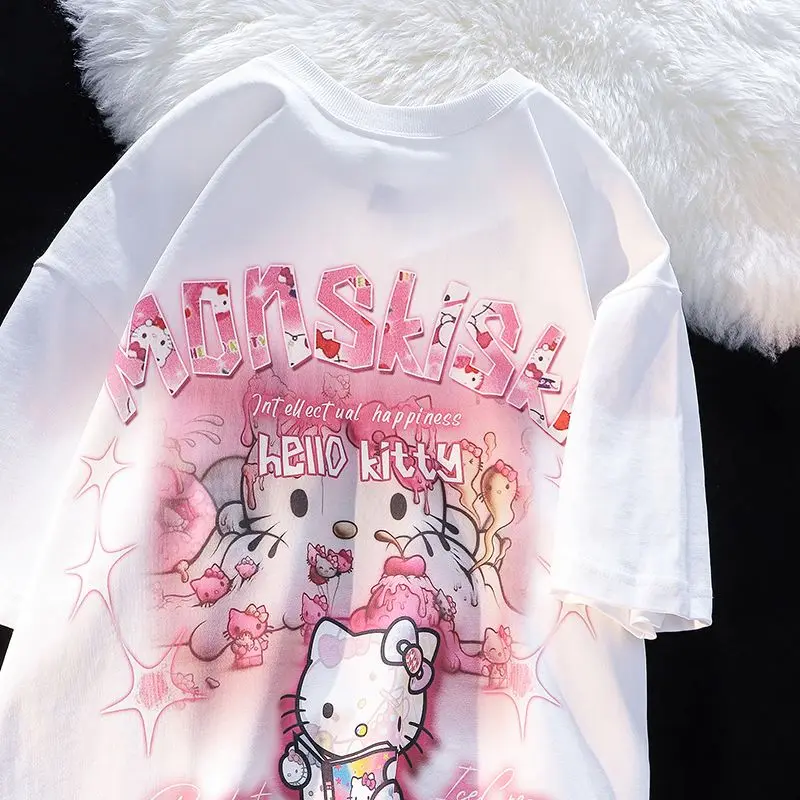 

Женская летняя одежда Hello футболка Китти из чистого хлопка, Новый Свободный Топ с коротким рукавом и принтом в виде японской кошки