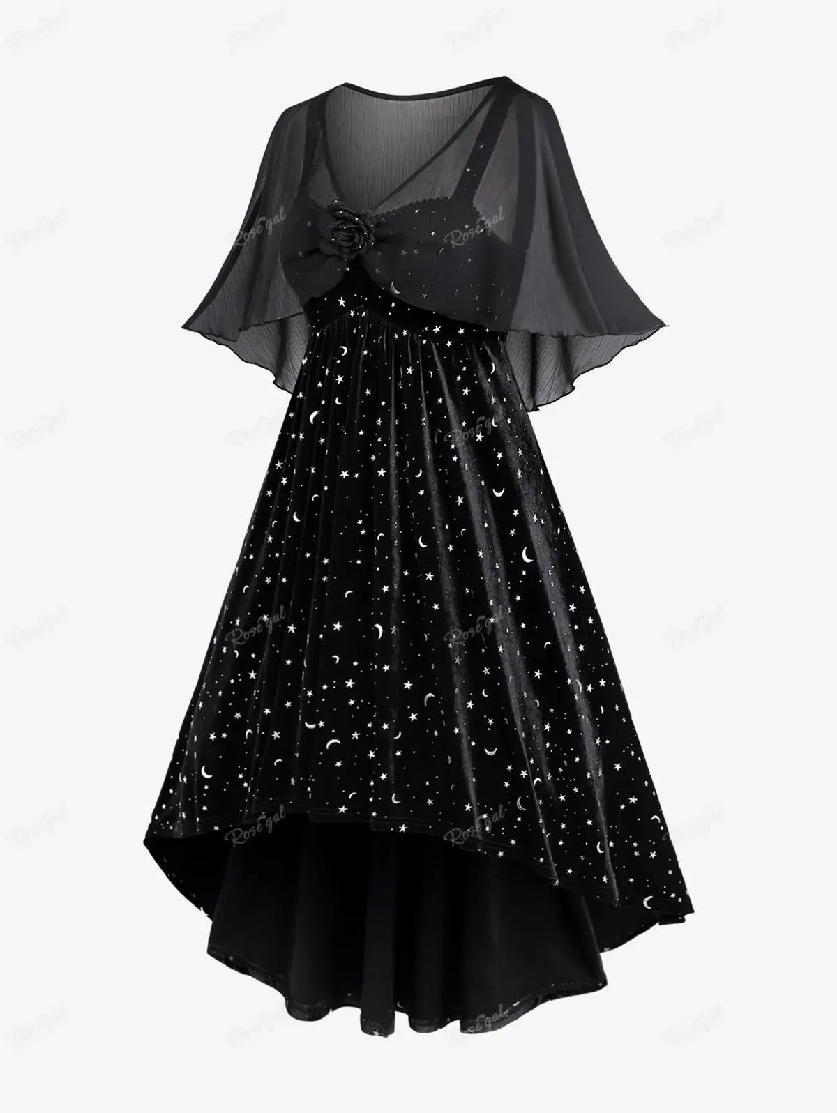 

ROSEGAL Plus Size Women's Dresses Moon Stars Silver Stamping Ruched High Low Velvet Dress And Floral Buckle Chiffon Overlay Cape