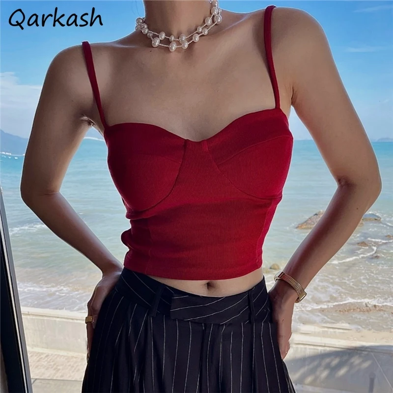 

Camis for Women Solid Color Sexy All-match Hotsweet Slim Spaghetti Strap Cropped Tops with Padded Elastic Corset Bustier Female