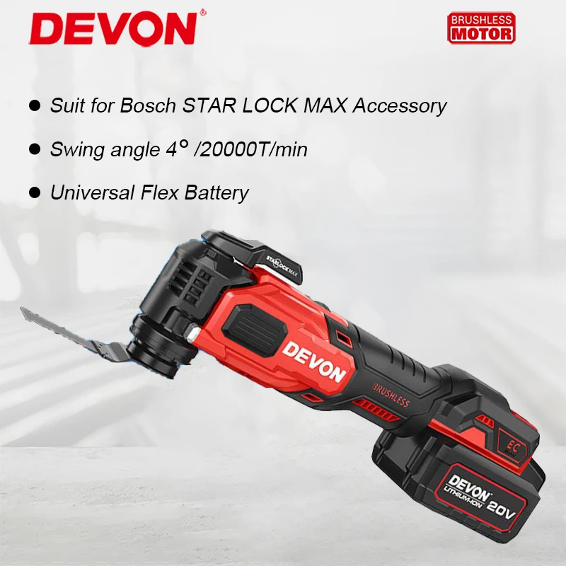 

DEVON 5951 Wireless Oscillating Multi-Tools Brushless 20v Max 20000T/min Swing Angle 4 Shock Absorbing Universal Flex Battery