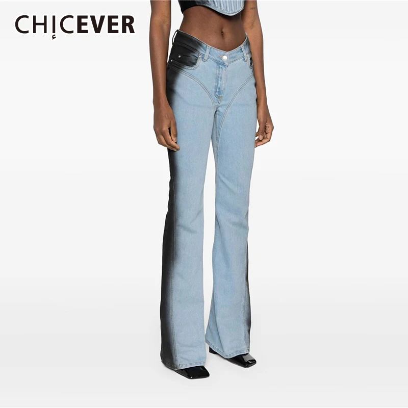 

CHICEVER Casual Denim Pants For Women High Waist Patchwork Zipper Hit Color Slimming Folds Wide Leg Jeans Female Spring Clothes