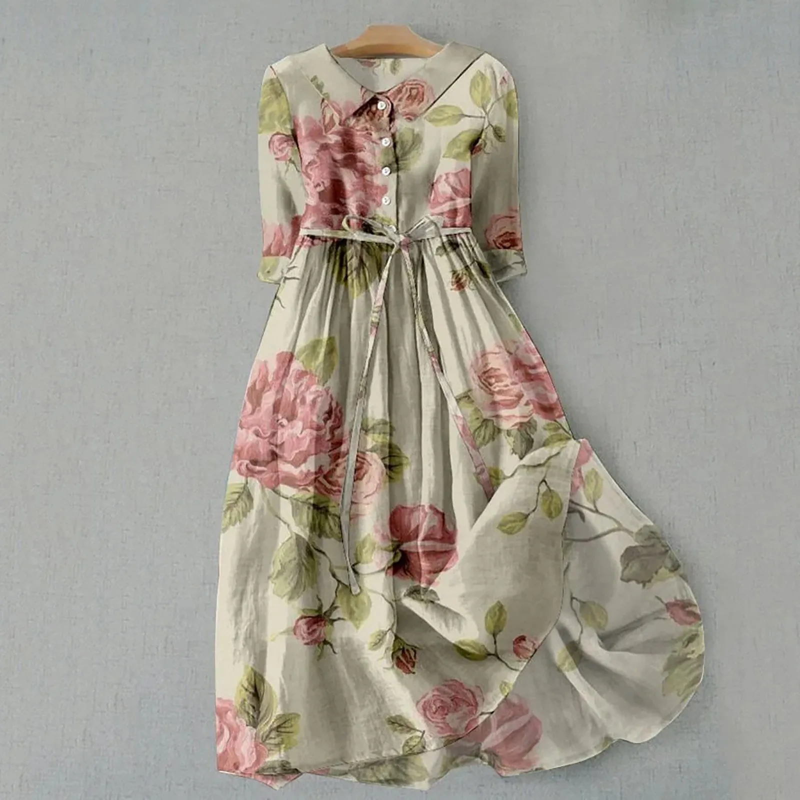 

Женское платье с цветочным принтом, однобортное богемное платье трапециевидной формы с коротким рукавом, поясом, завышенной талией и отложным воротником, для лета