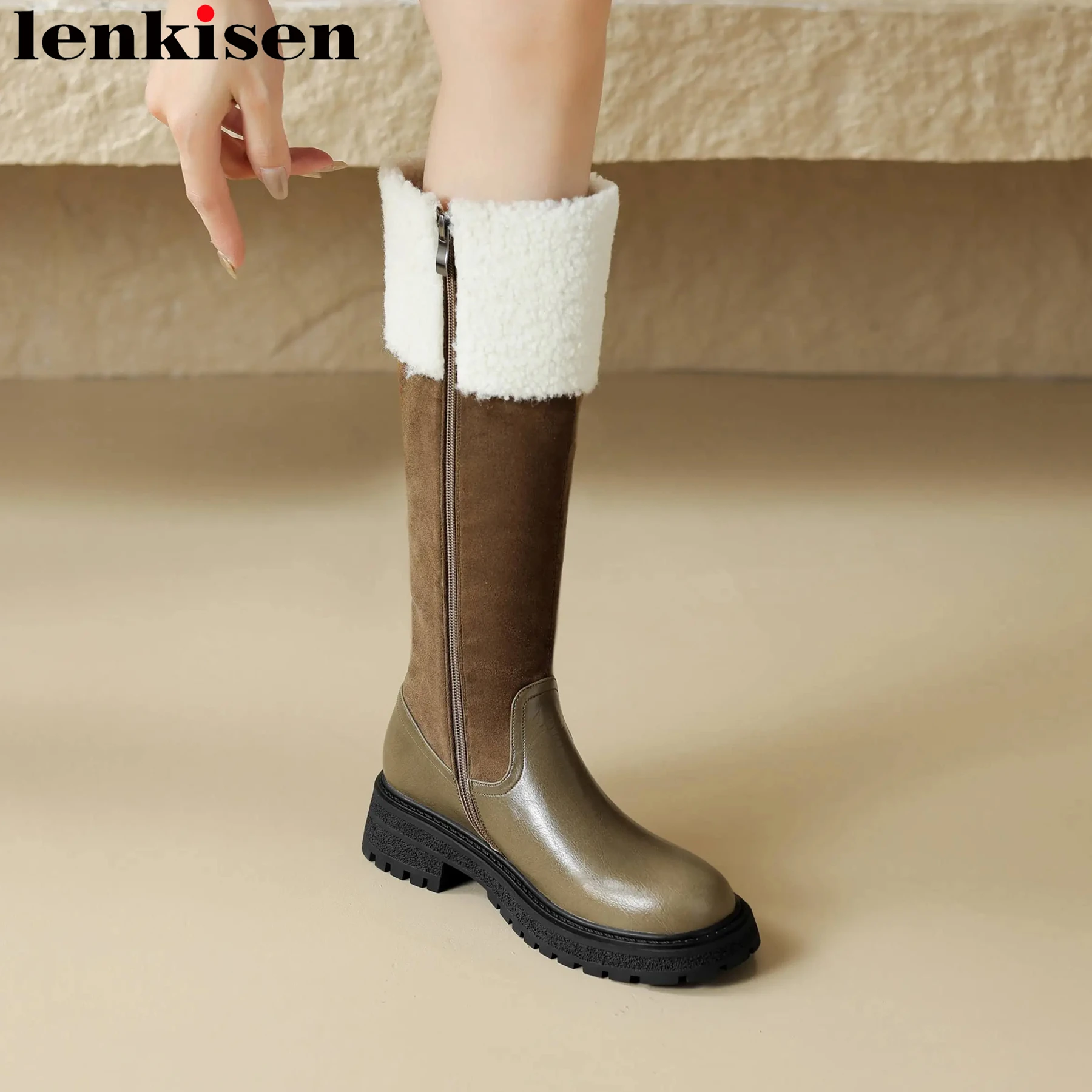 

Lenkisen Keep Warm Cow Leather Flock Round Toe Med Heels Riding Boots Winter Runway Warm Casual Brand Elegant Thigh High Boots