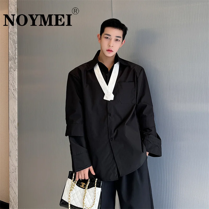 

NOYMEI Cross-over Collar Niche Contrast Color Male Short Shirt Long Sleeve Double-deck Sleeve Design Shoulder Pad Top Men WA4131