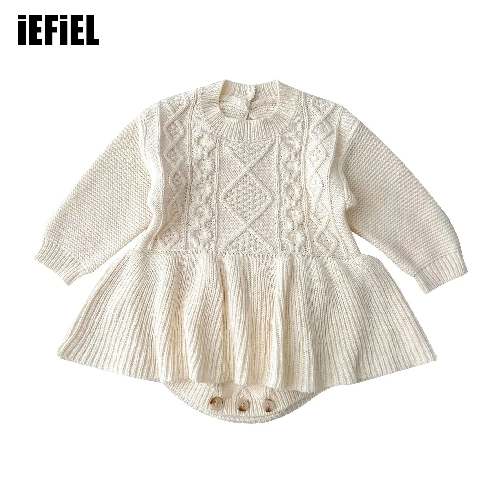 

Baby Girls Soft Cotton Knitted Romper Toddler Girls Cable Knit Bodysuit Long Sleeve Keyhole Back Flounce Sweater Dress