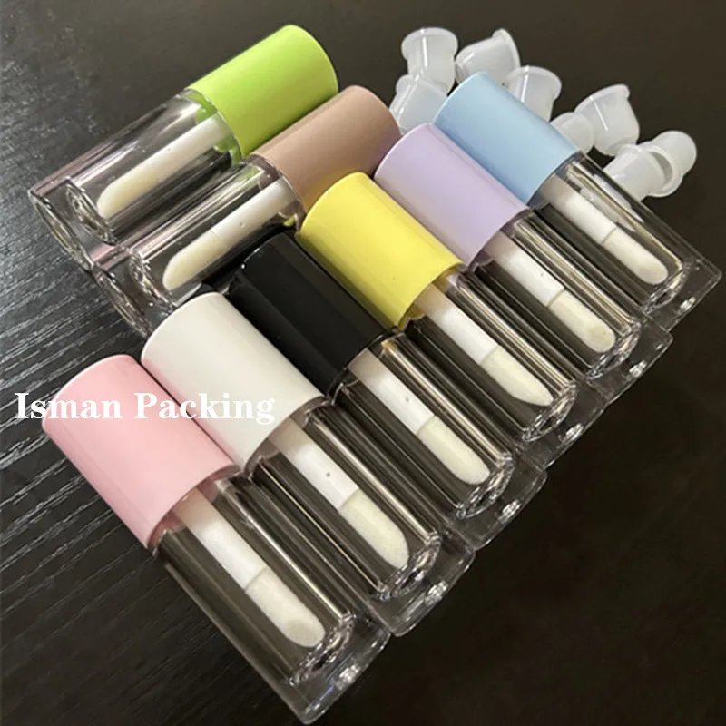

50Pcs refillable 6ml round purple brown blue green makeup lip gloss containers tube with big brush wand empty lipgloss bottle