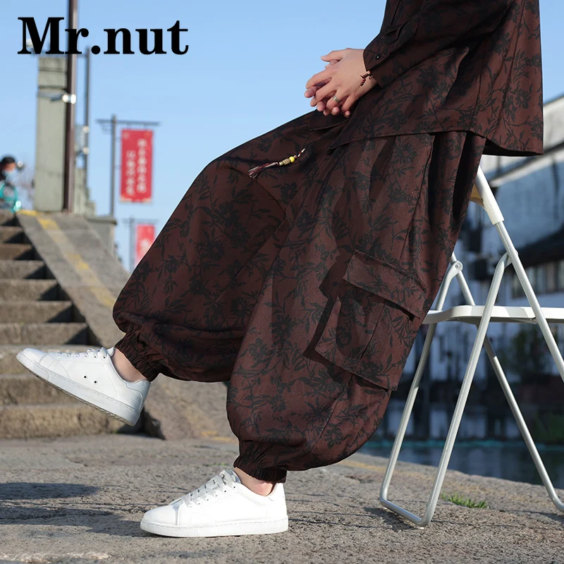 

Mr.nut Pine Leaves Men's Clothing Wide Leg Pants Loose Oversize Harem Pants Women Baggy Lantern Joggers Retro Pockets Trousers